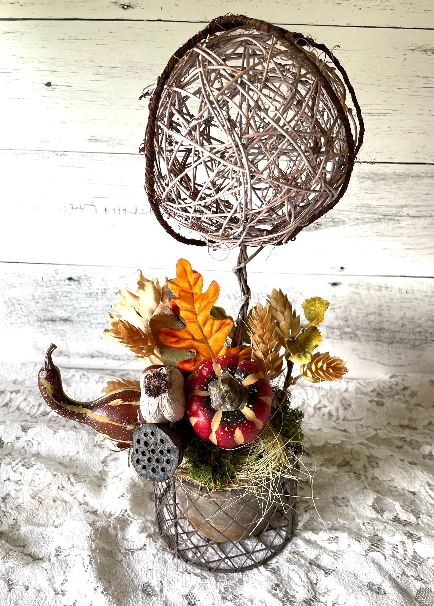 Rustic Fall Topiary with Pumpkins and Natural Elements – Autumn Table or Shelf Decor