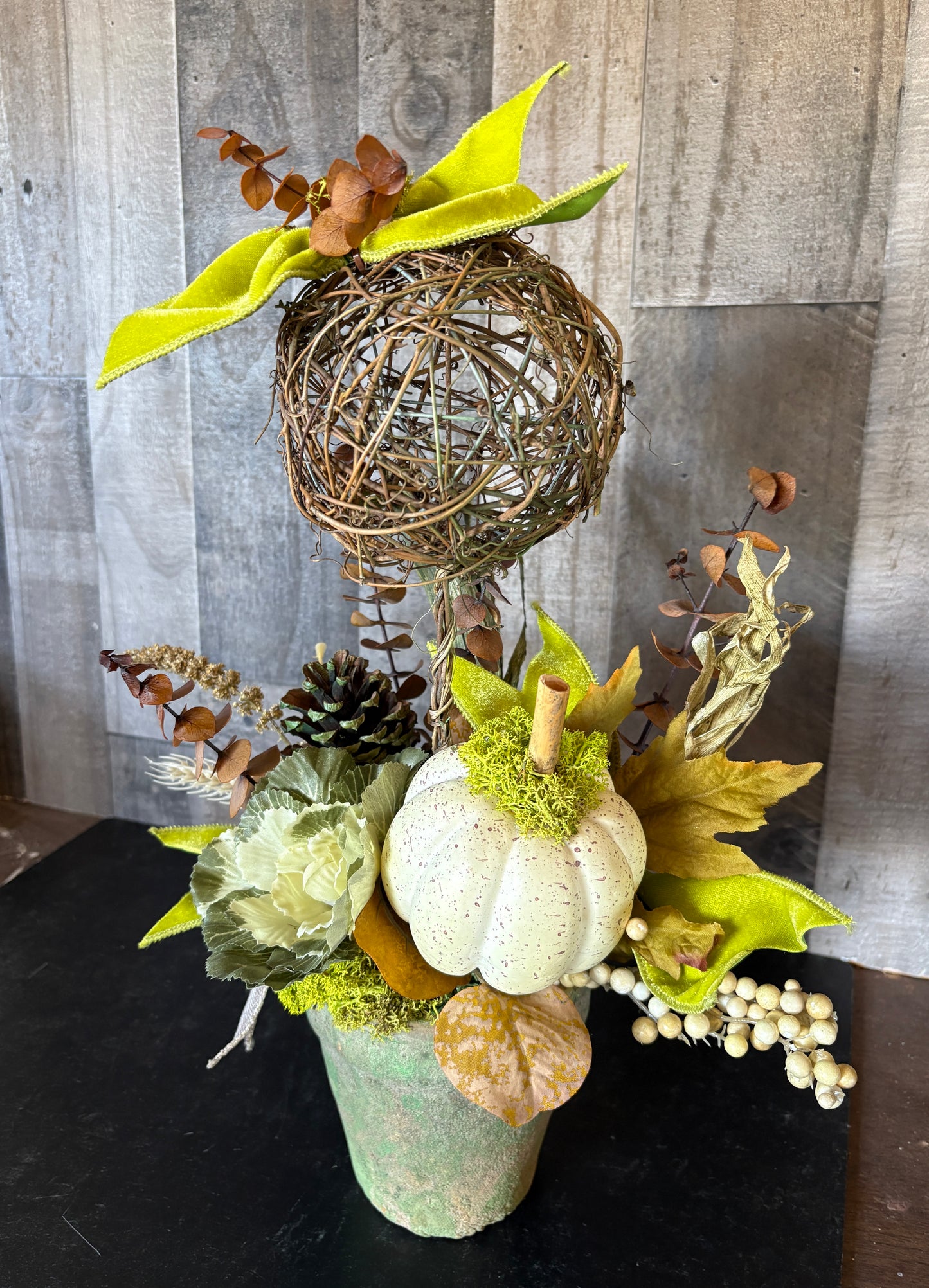 Neutral Fall Topiary with Pumpkins  | Cottage Garden Autumn Table Décor
