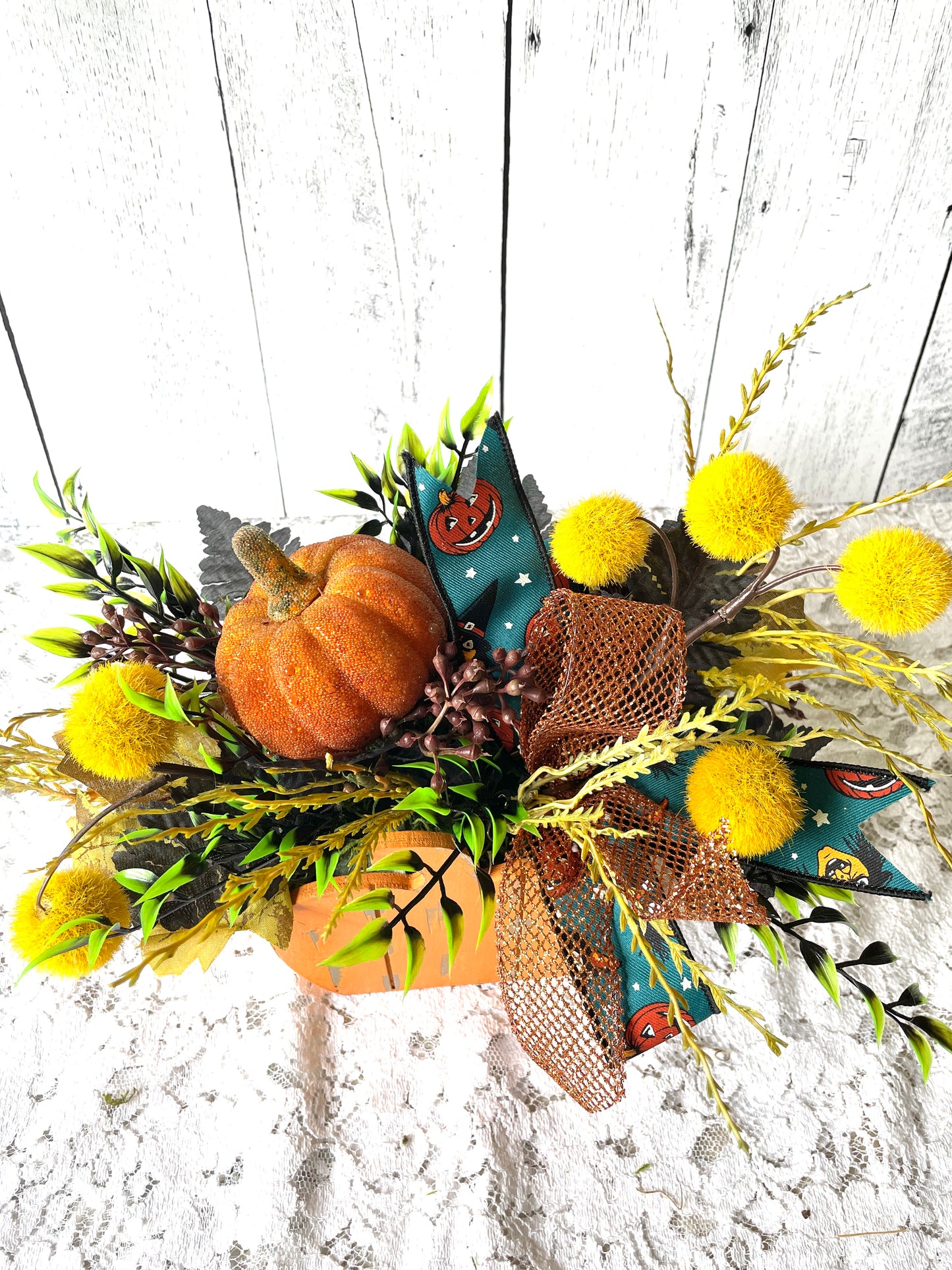 Whimsical Pumpkin Fall Floral Arrangement with Vintage-Inspired Halloween Ribbon