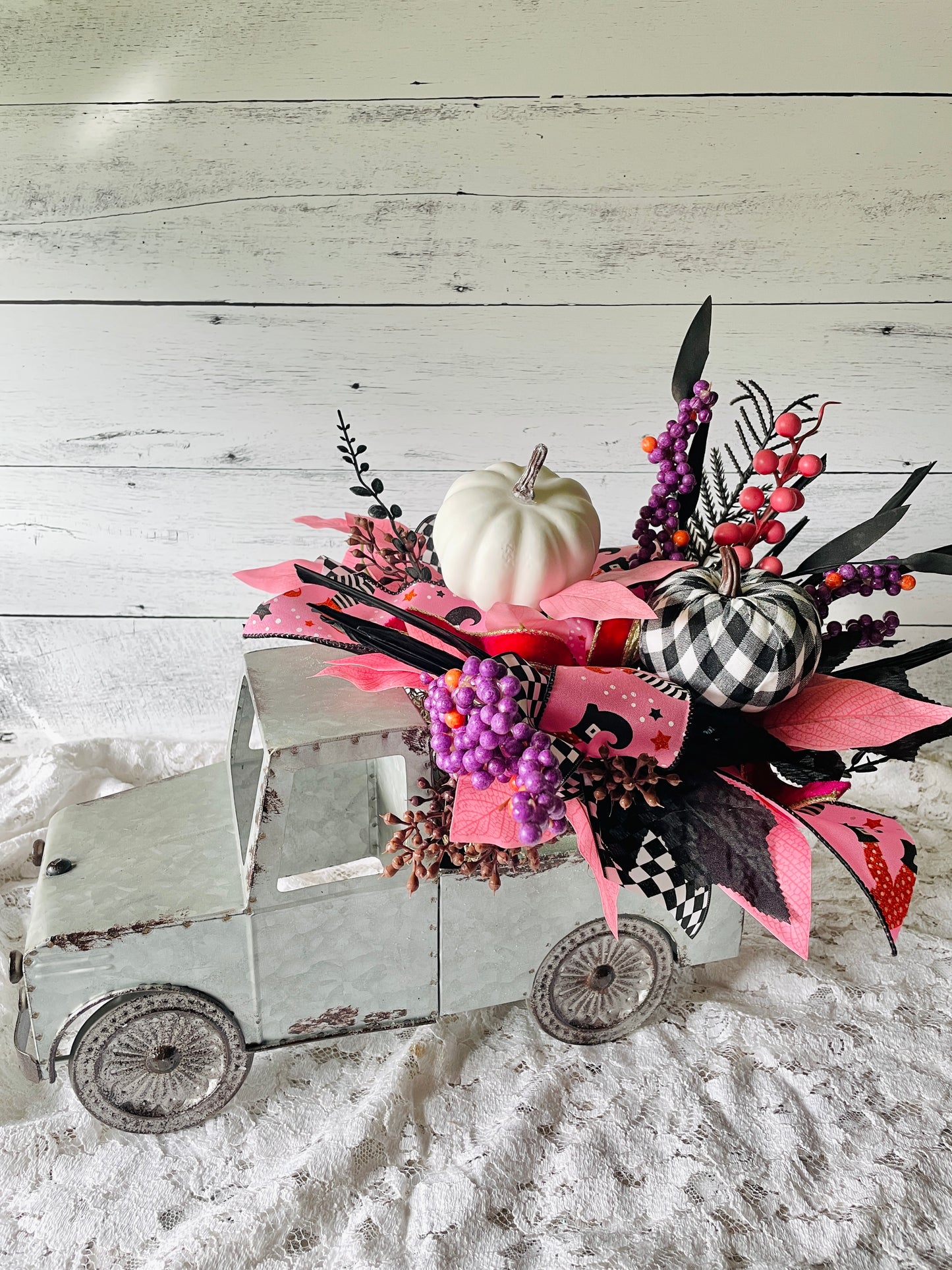 Whimsical Pink and  Black Halloween Centerpiece in Metal Truck