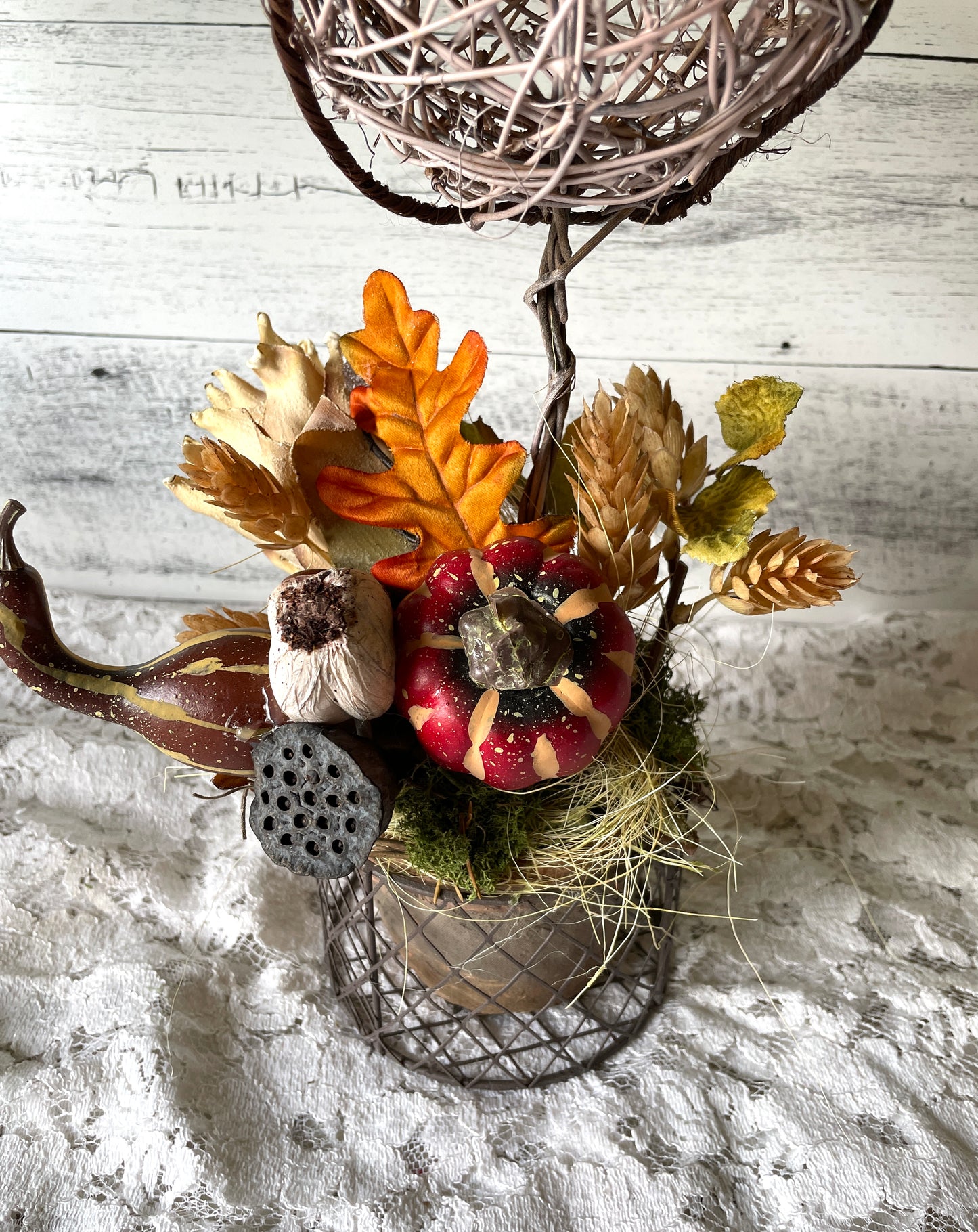 Rustic Fall Topiary with Pumpkins and Natural Elements – Autumn Table or Shelf Decor