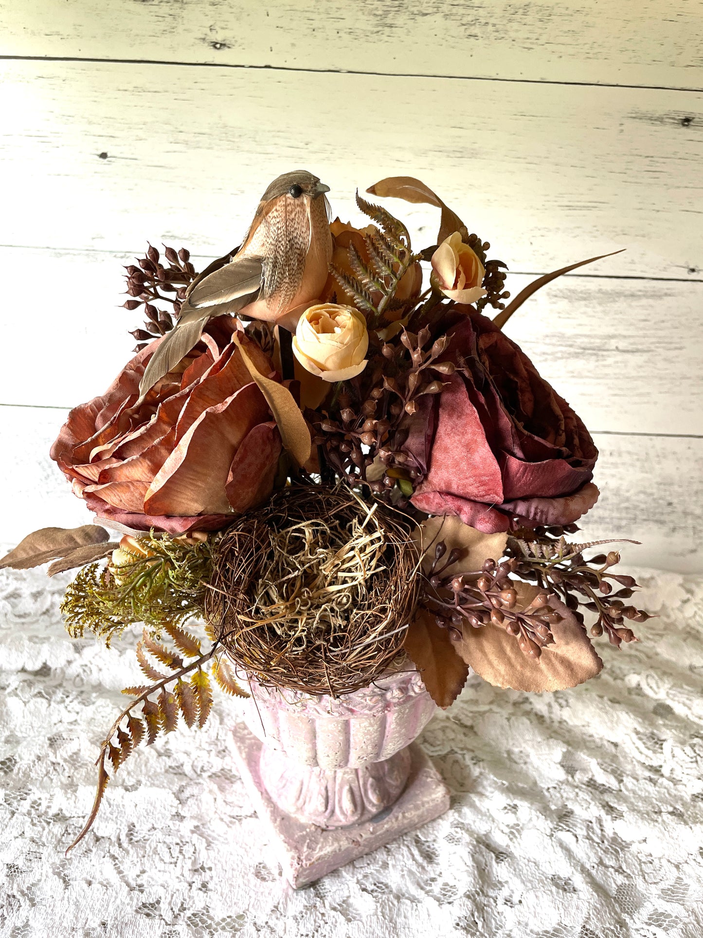 Romantic Fall Floral Urn with Bird Nest and Silk Blooms