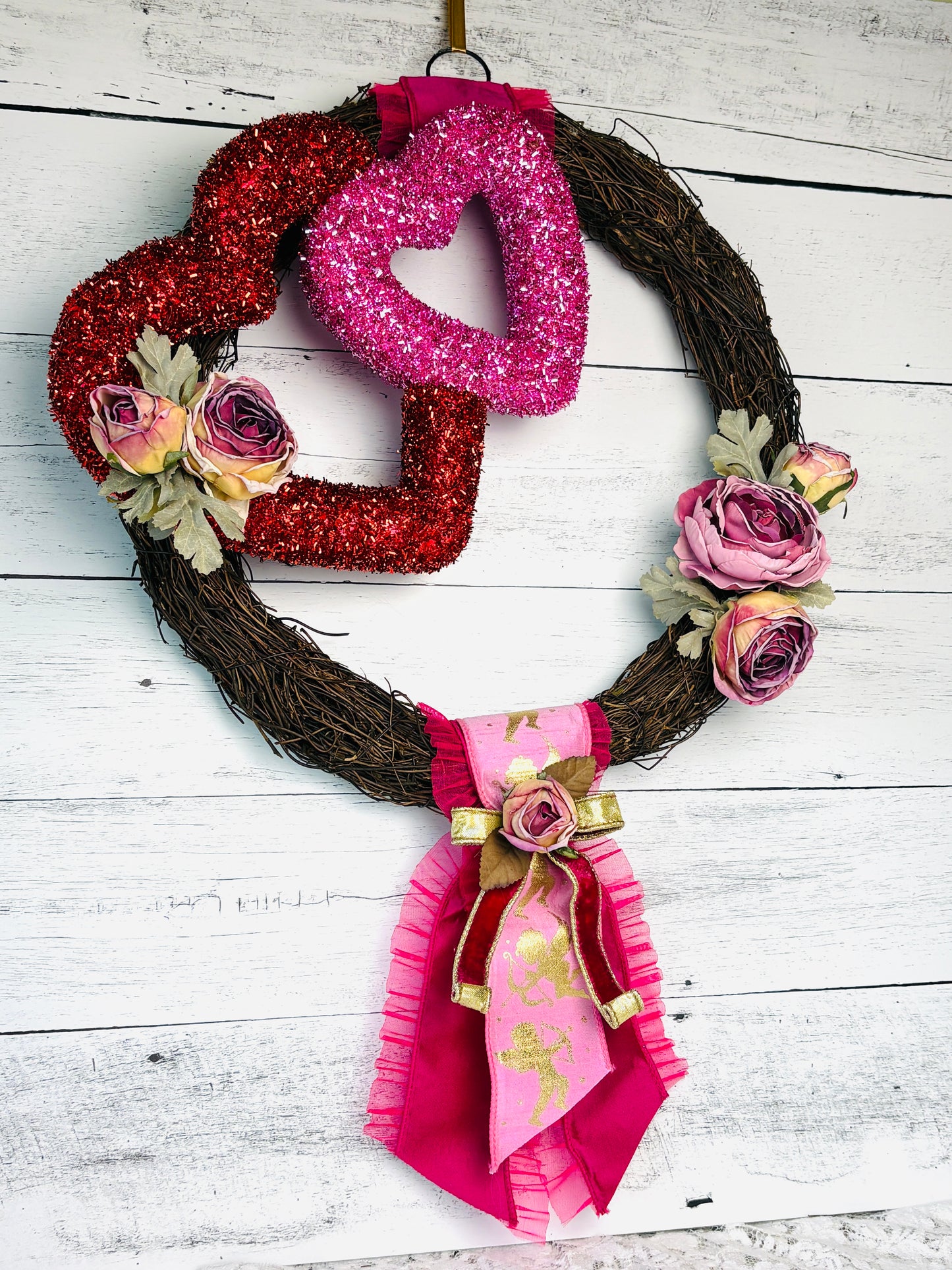 Whimsical Valentine Heart Wreath – Handcrafted Pink & Red Grapevine Door Decor