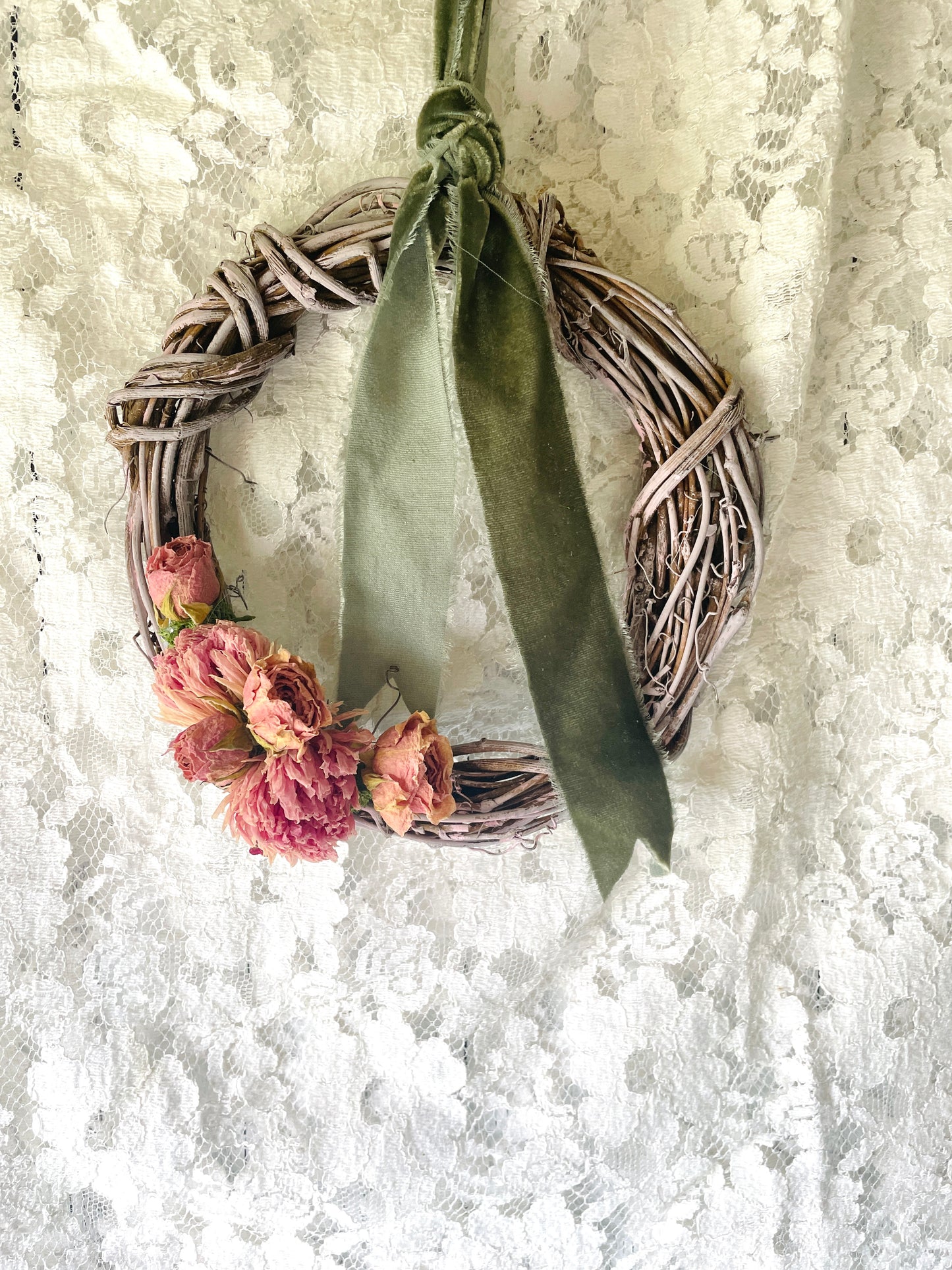 Dried Flower Wreath with Velvet Ribbon – Mini Grapevine Wreath with Vintage Roses