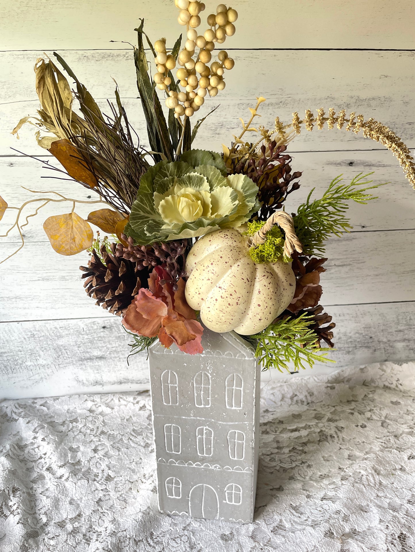 Fall Farmhouse Floral Arrangement with Pumpkin in House Pottery Vase – Rustic Autumn Table Decor