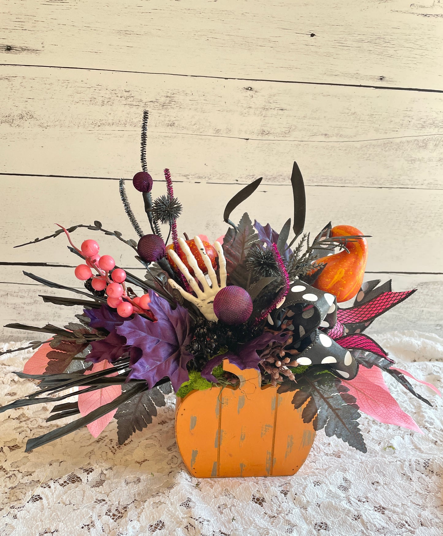 Whimsical Halloween Floral Arrangement with Skeleton Hand – Spooky & Playful Decor