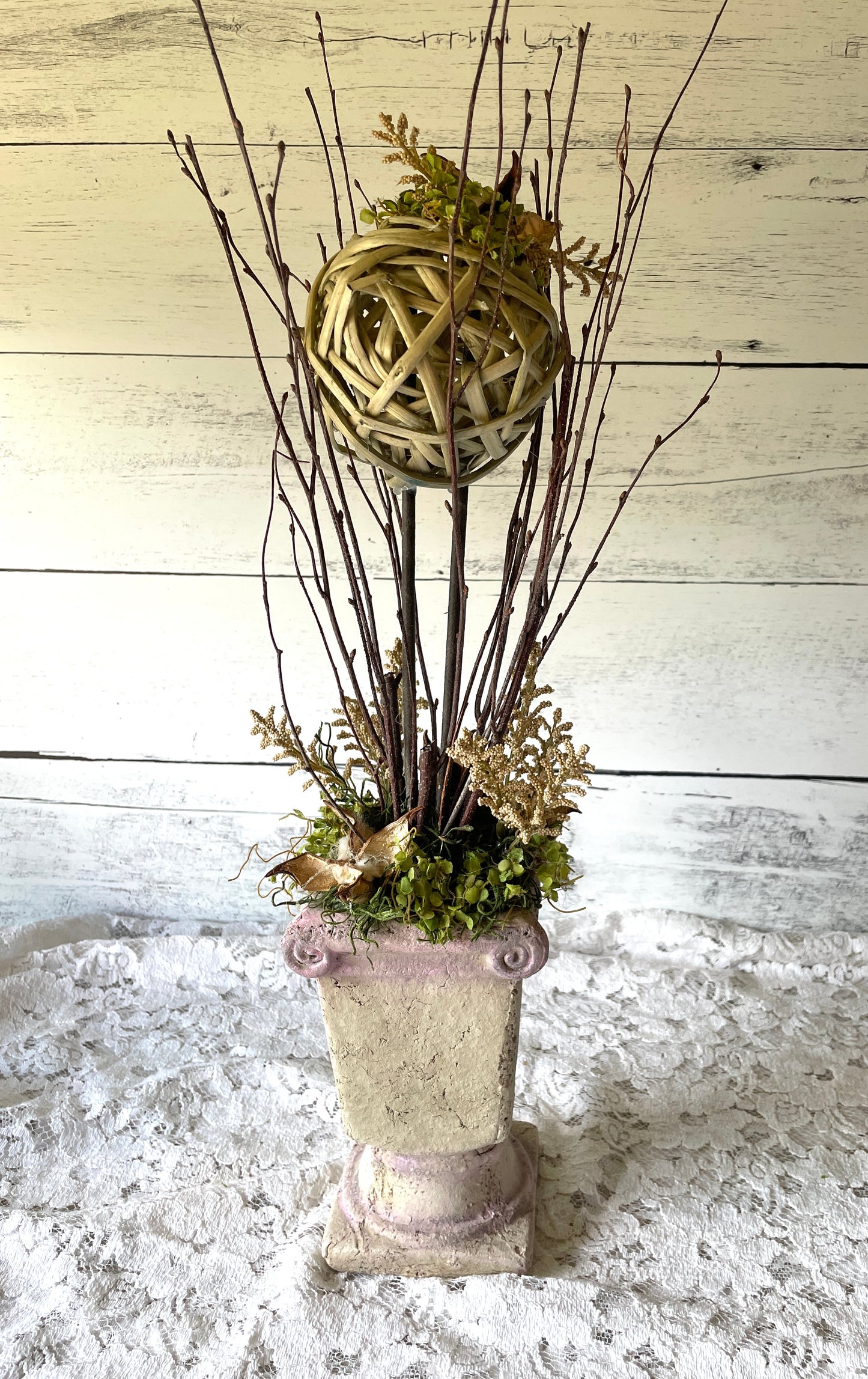Rustic Twig Topiary in Cherub Pedestal Vase – Faux Floral Arrangement for French Country or Garden Decor