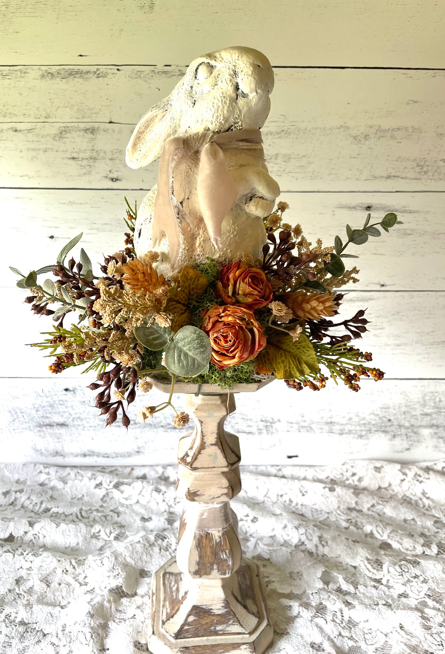 Vintage-Inspired Bunny on Pedestal with Florals – Autumn Cottagecore Decor