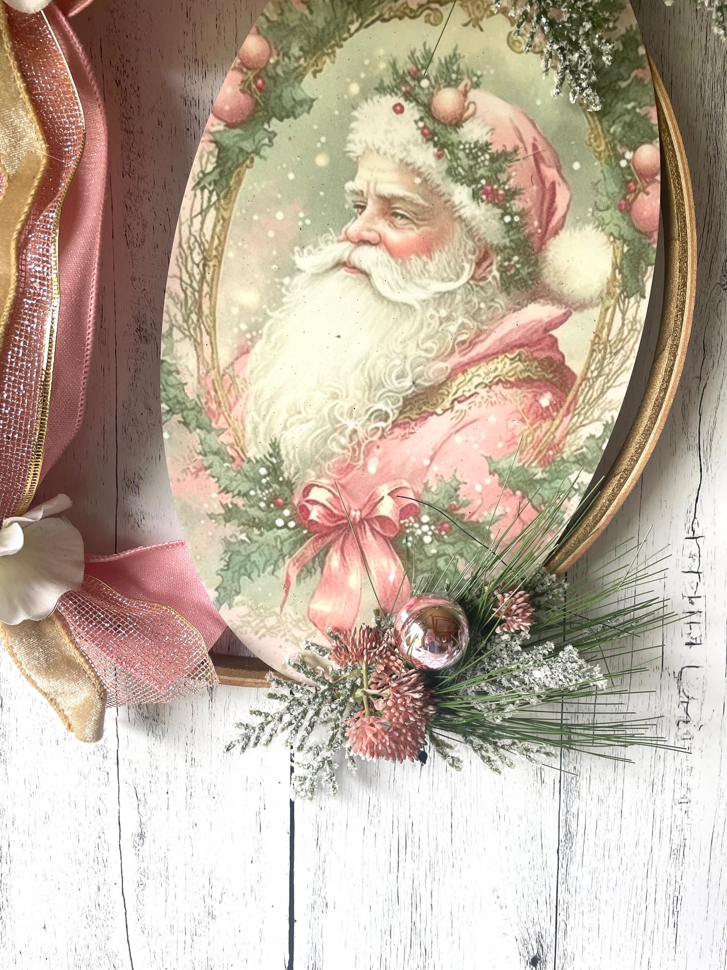 Victorian Pink Santa Hoop Wreath – Indoor Holiday Décor
