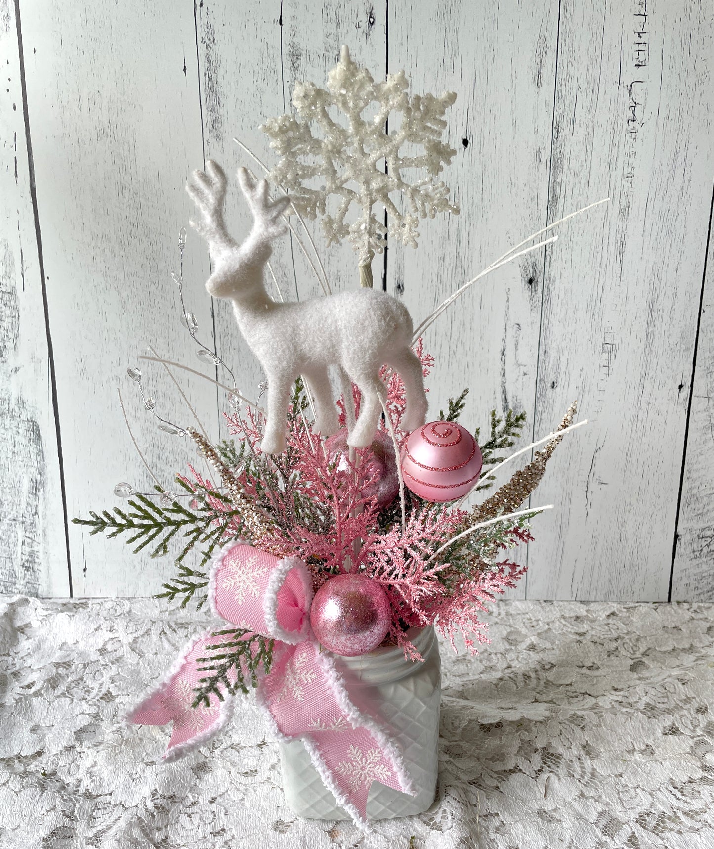 Holiday Deer Arrangement – Pink & White Winter Wonderland