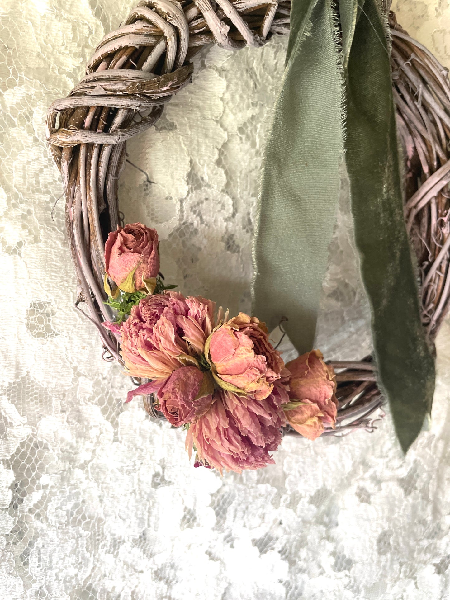 Dried Flower Wreath with Velvet Ribbon – Mini Grapevine Wreath with Vintage Roses