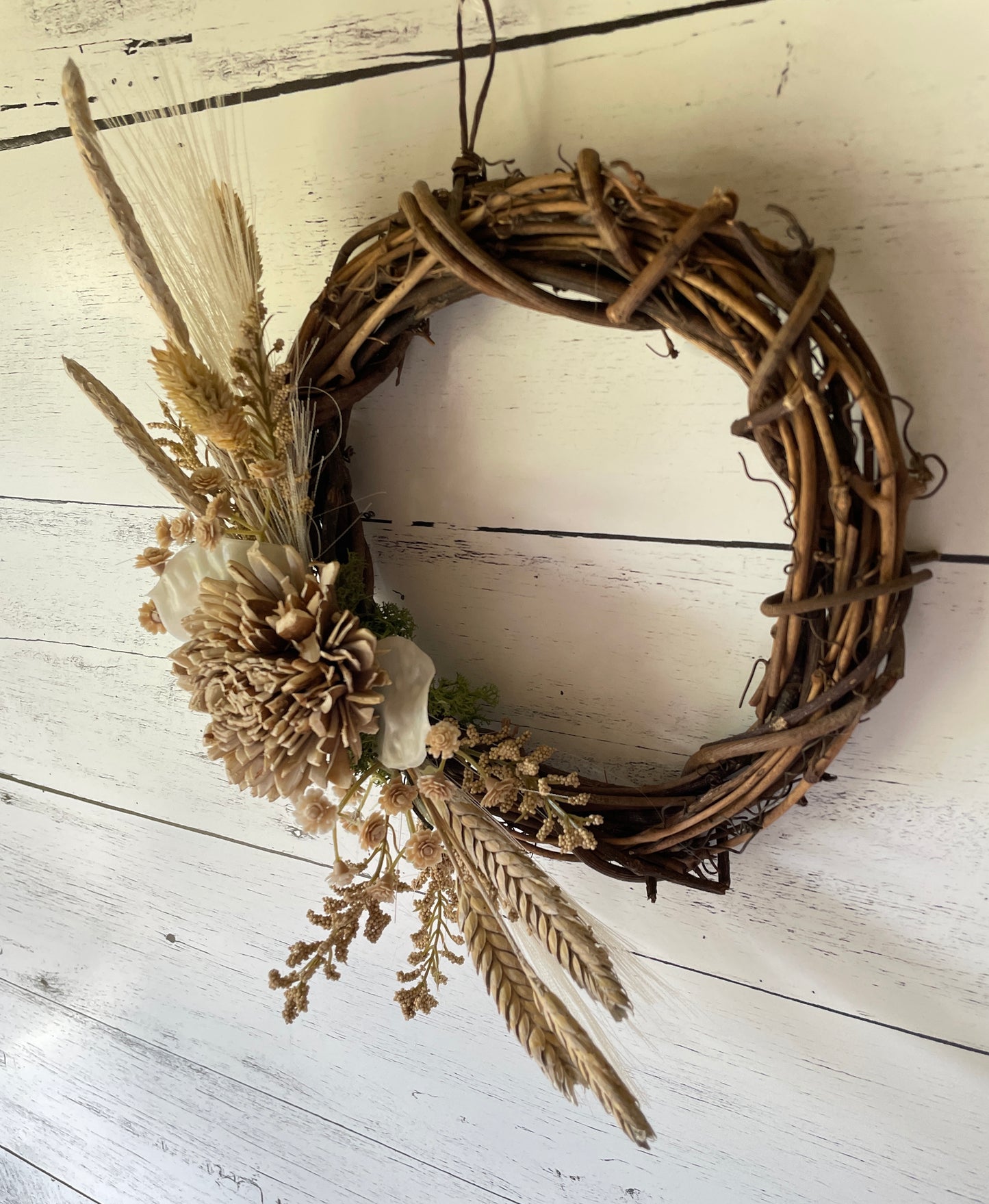 Neutral Dried Floral Grapevine Wreath with Wheat and Sola Flowers – Rustic Farmhouse Fall Decor