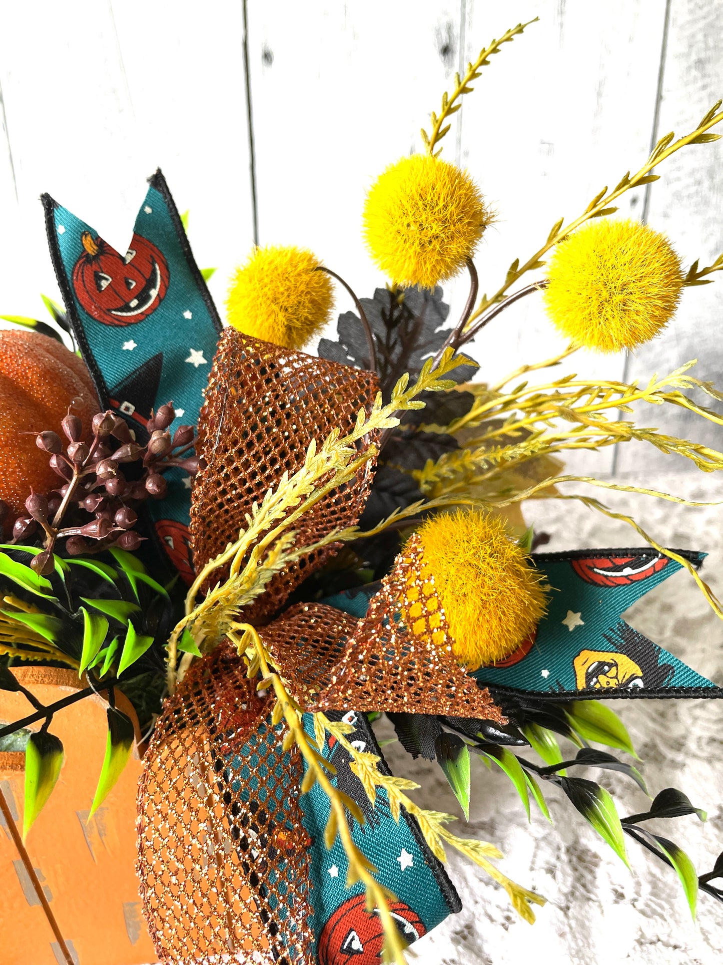 Whimsical Pumpkin Fall Floral Arrangement with Vintage-Inspired Halloween Ribbon