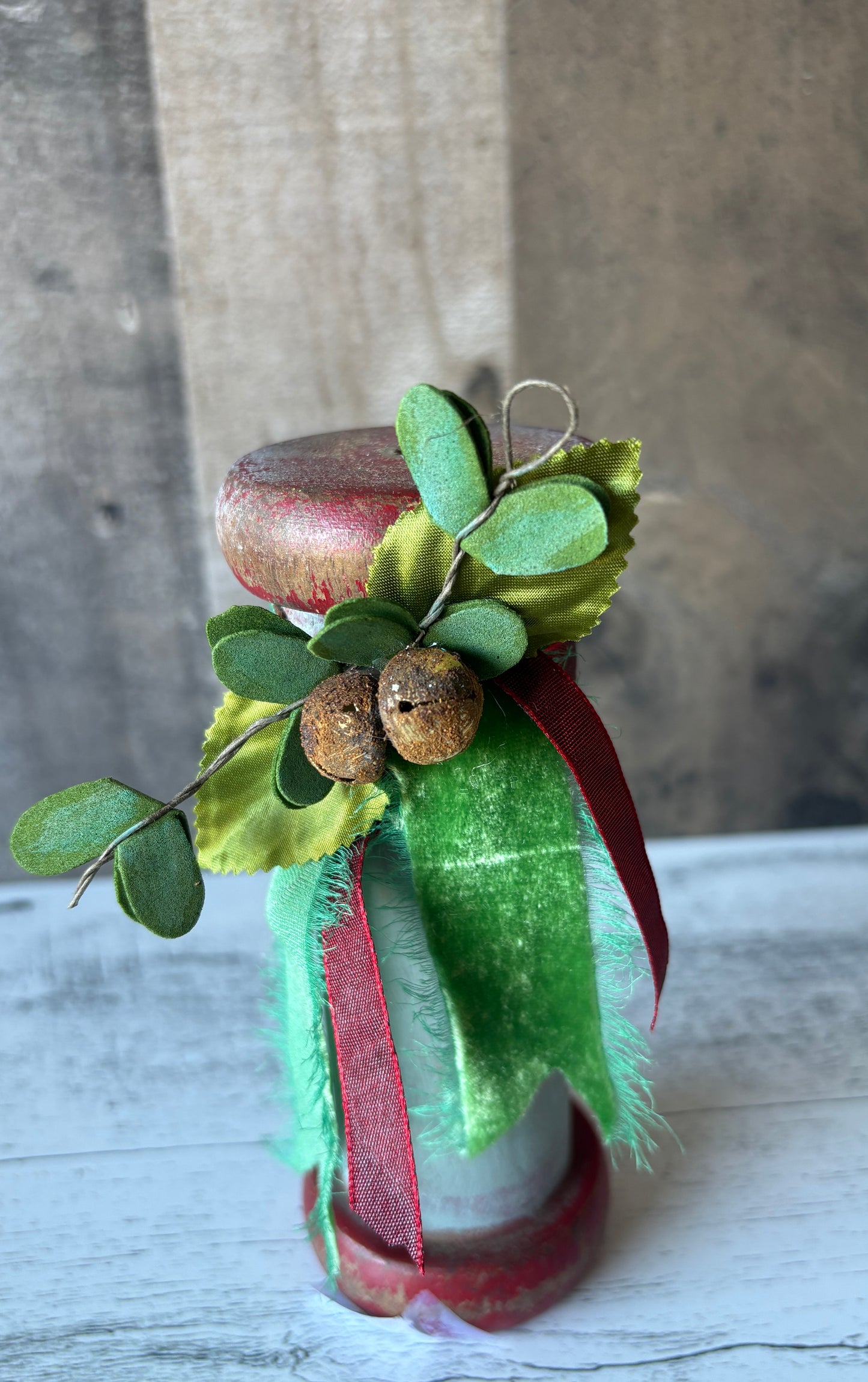 Primitive Christmas Spool Decor with Velvet Ribbon & Rustic Bells