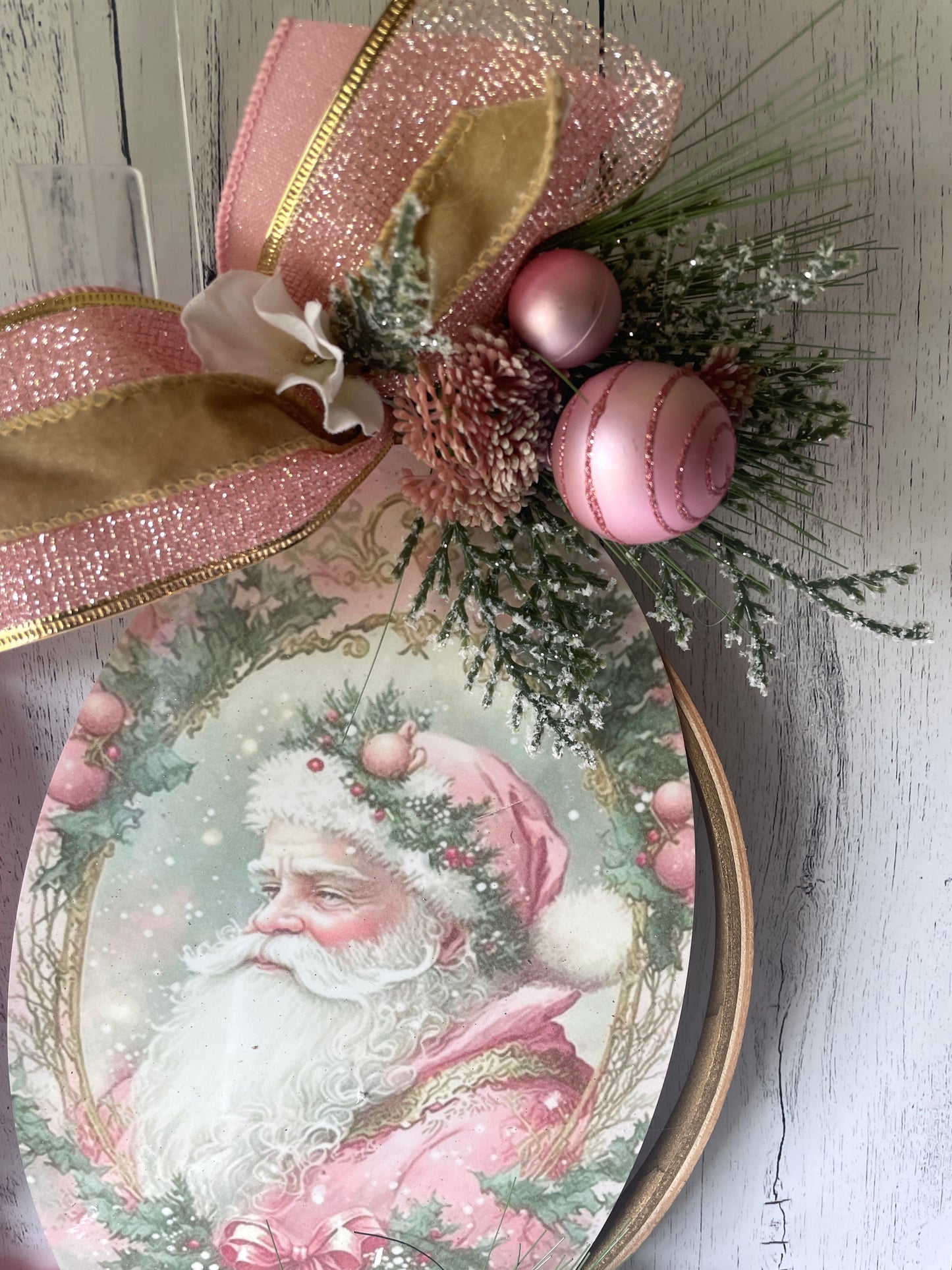 Victorian Pink Santa Hoop Wreath – Indoor Holiday Décor