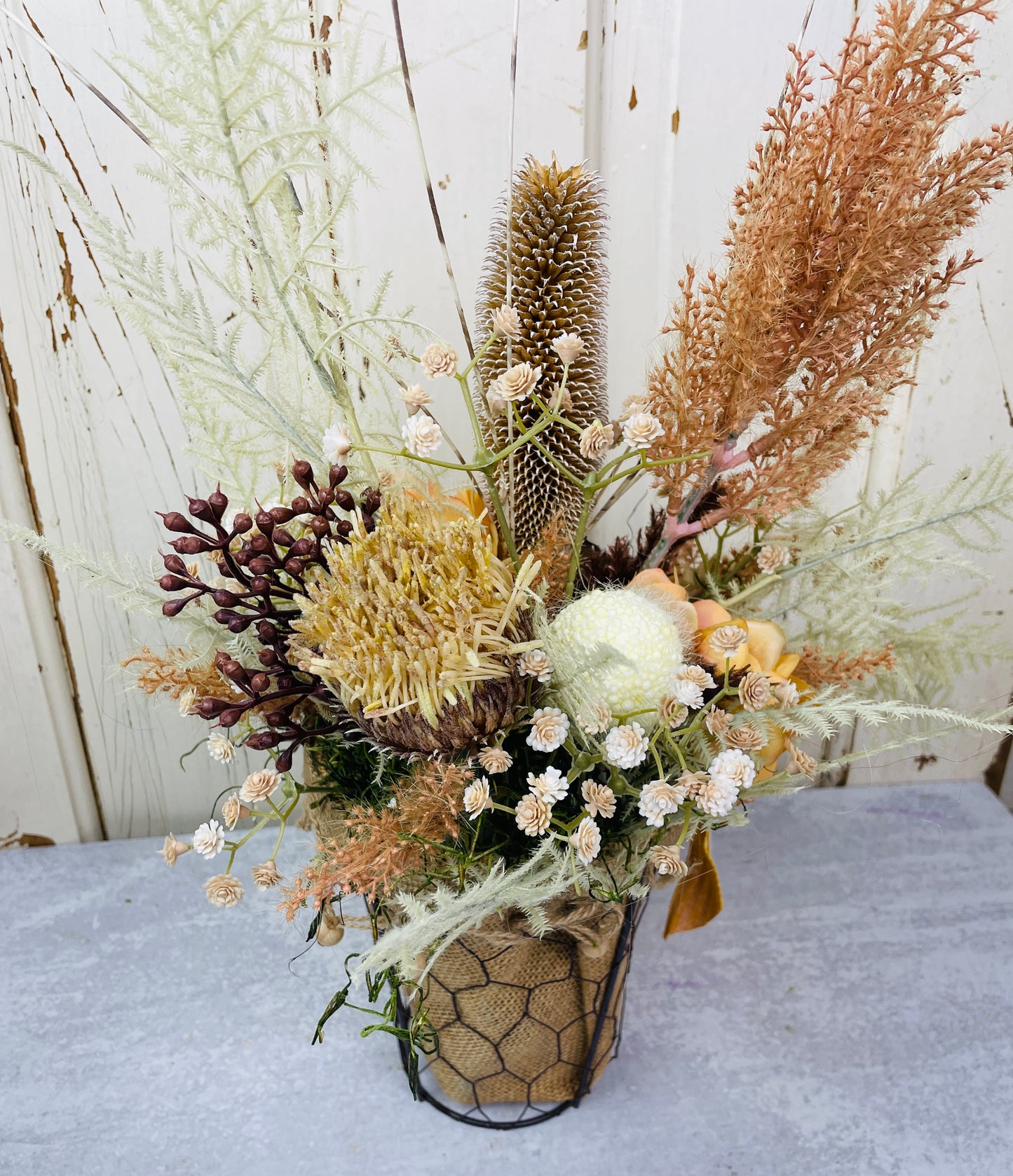 Boho floral arrangement Neutral Dried Floral Arrangement – Natural Rustic Decor in Wire Basket