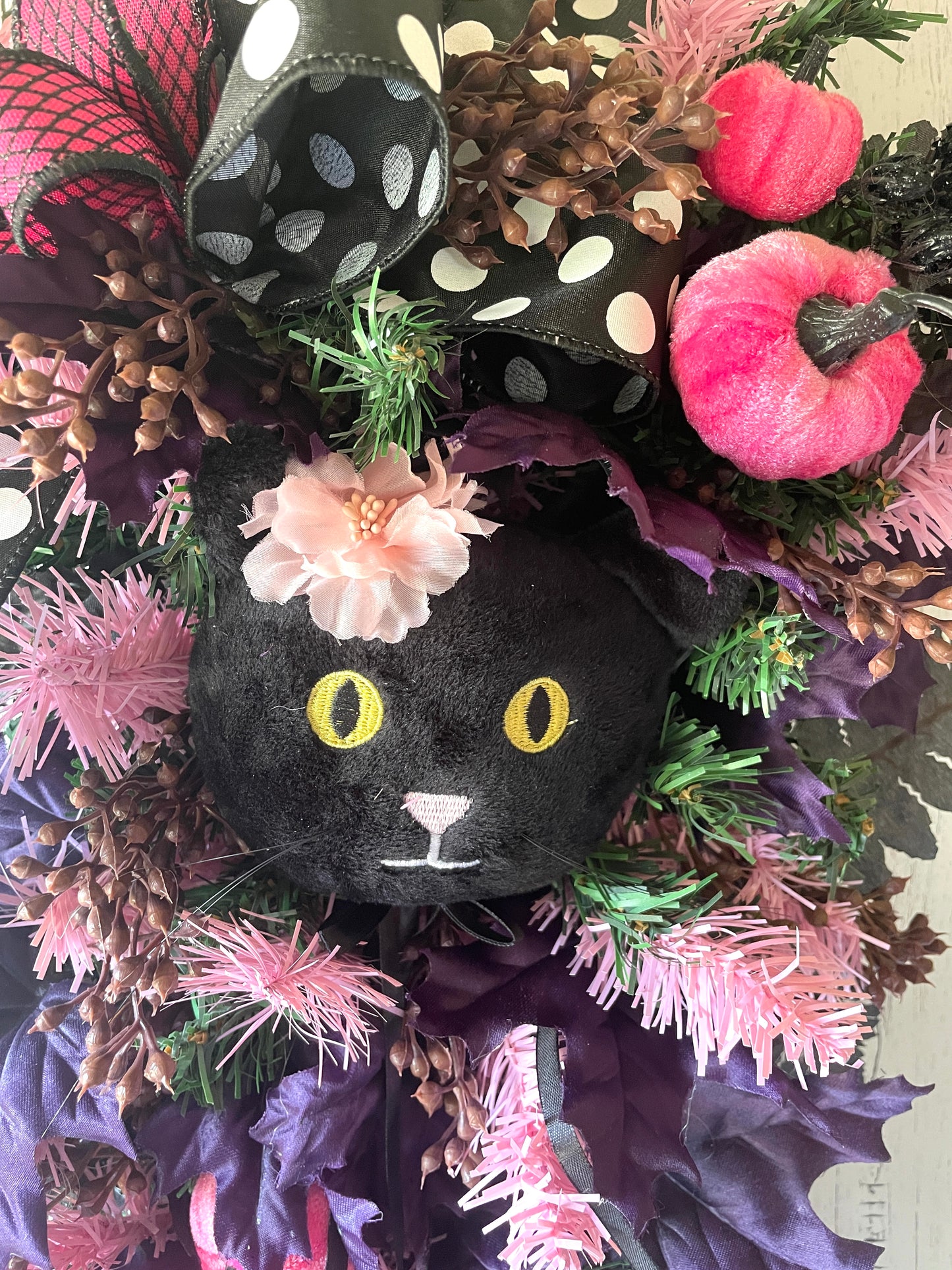 Black Cat Whimsical Pink & Black Halloween Floral Swag
