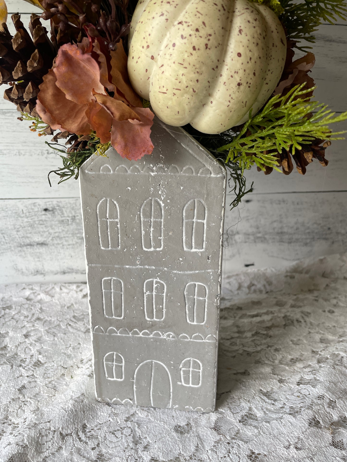 Fall Farmhouse Floral Arrangement with Pumpkin in House Pottery Vase – Rustic Autumn Table Decor