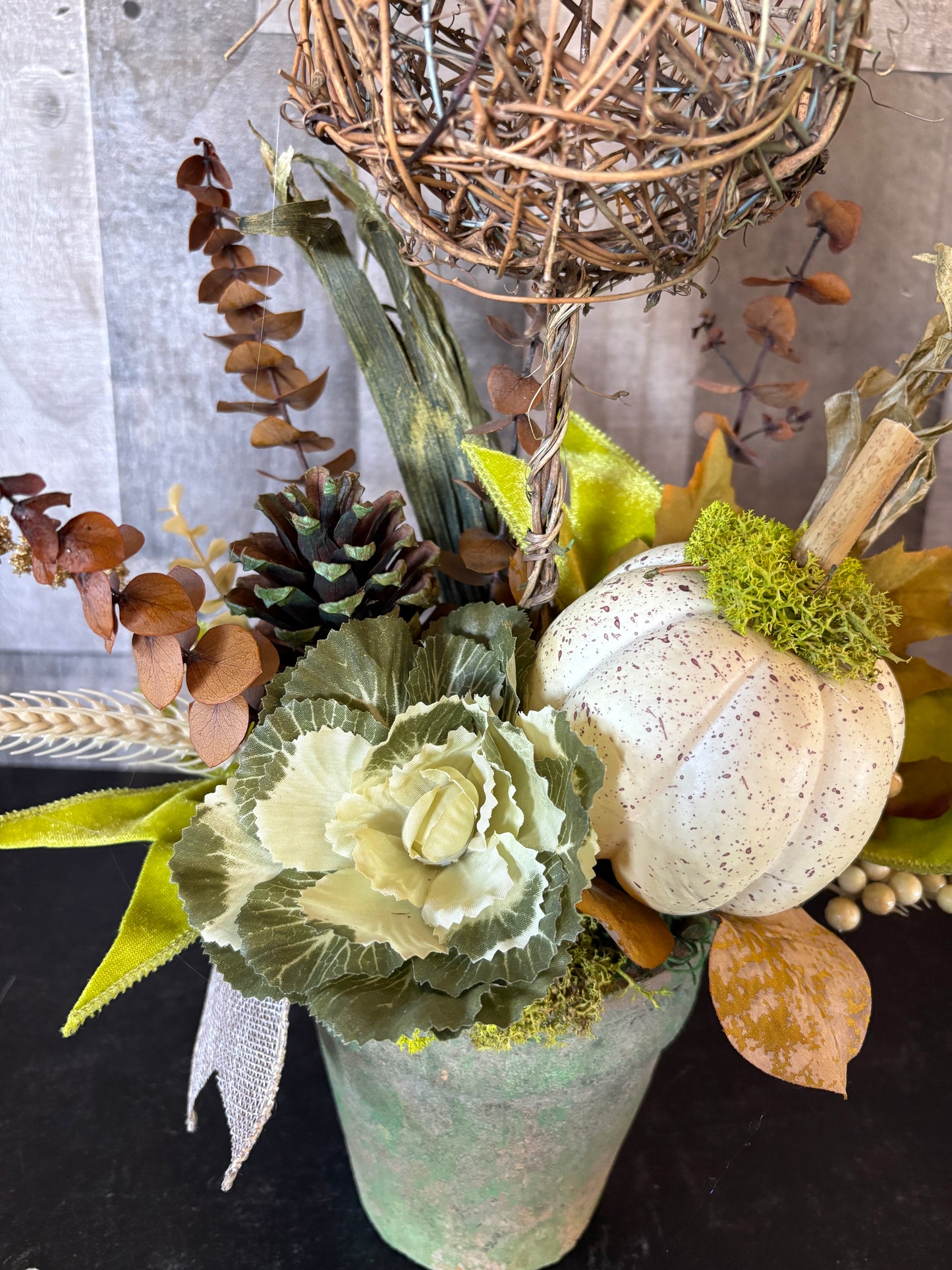 Neutral Fall Topiary with Pumpkins  | Cottage Garden Autumn Table Décor