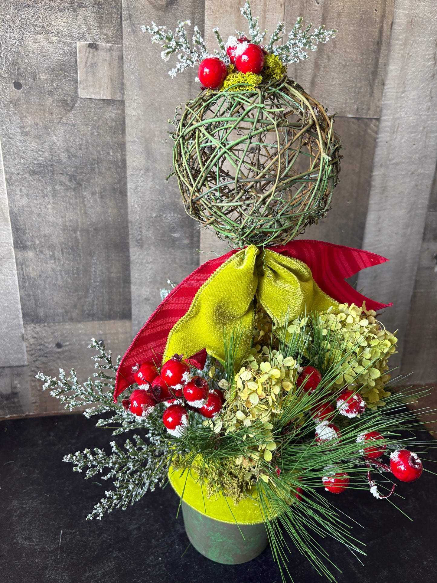 Christmas Topiary with Dried Hydrangeas & Velvet Ribbon | Elegant Holiday Table Décor