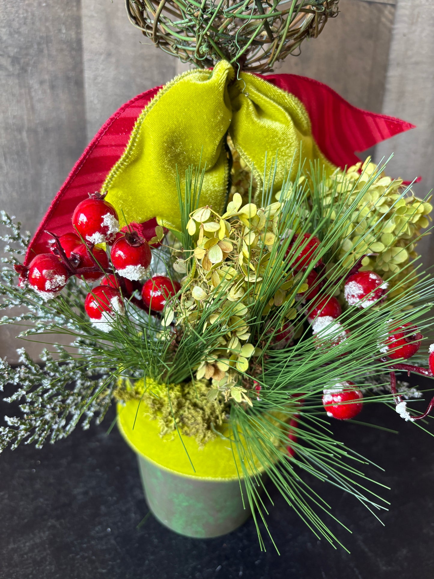Christmas Topiary with Dried Hydrangeas & Velvet Ribbon | Elegant Holiday Table Décor