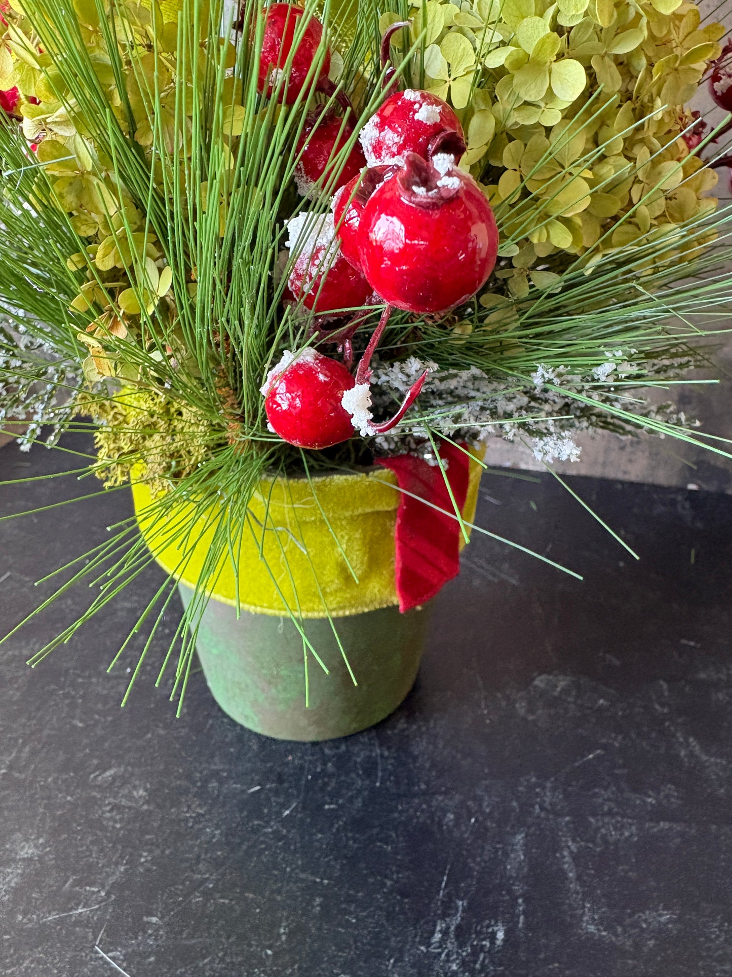 Christmas Topiary with Dried Hydrangeas & Velvet Ribbon | Elegant Holiday Table Décor