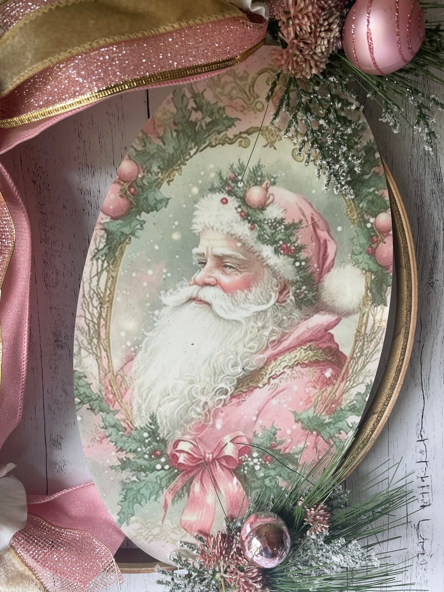 Victorian Pink Santa Hoop Wreath – Indoor Holiday Décor