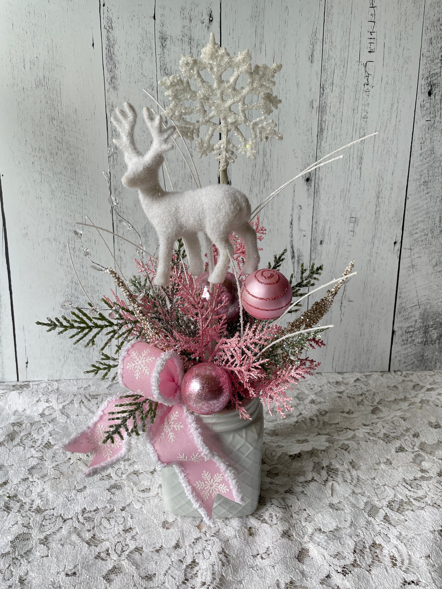 Holiday Deer Arrangement – Pink & White Winter Wonderland