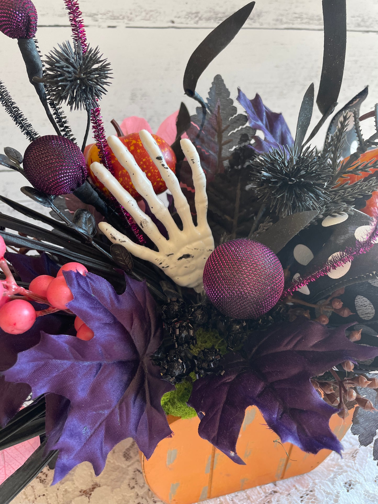 Whimsical Halloween Floral Arrangement with Skeleton Hand – Spooky & Playful Decor