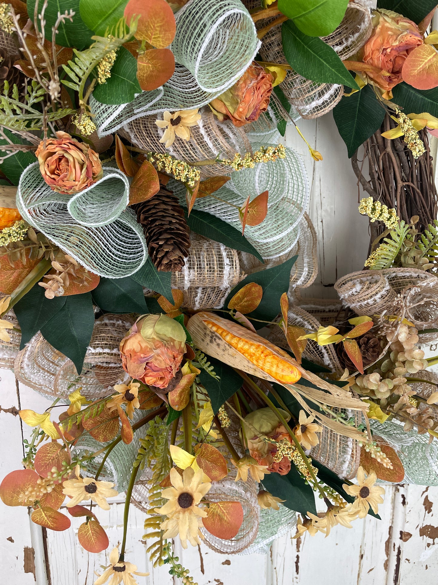 Fall Harvest Corn Wreath – Grapevine Base with Golden Florals & Seasonal Texture
