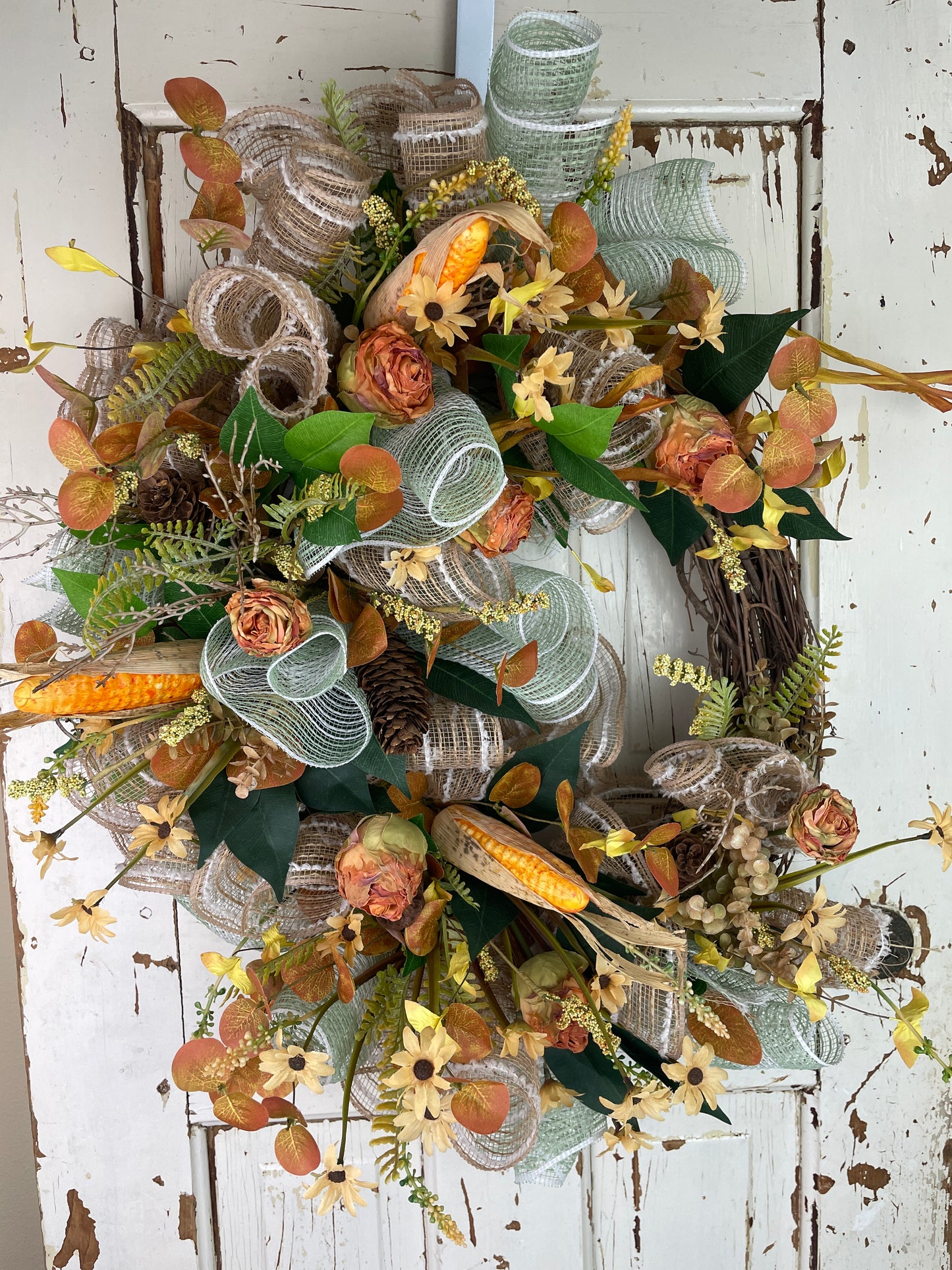 Fall Harvest Corn Wreath – Grapevine Base with Golden Florals & Seasonal Texture