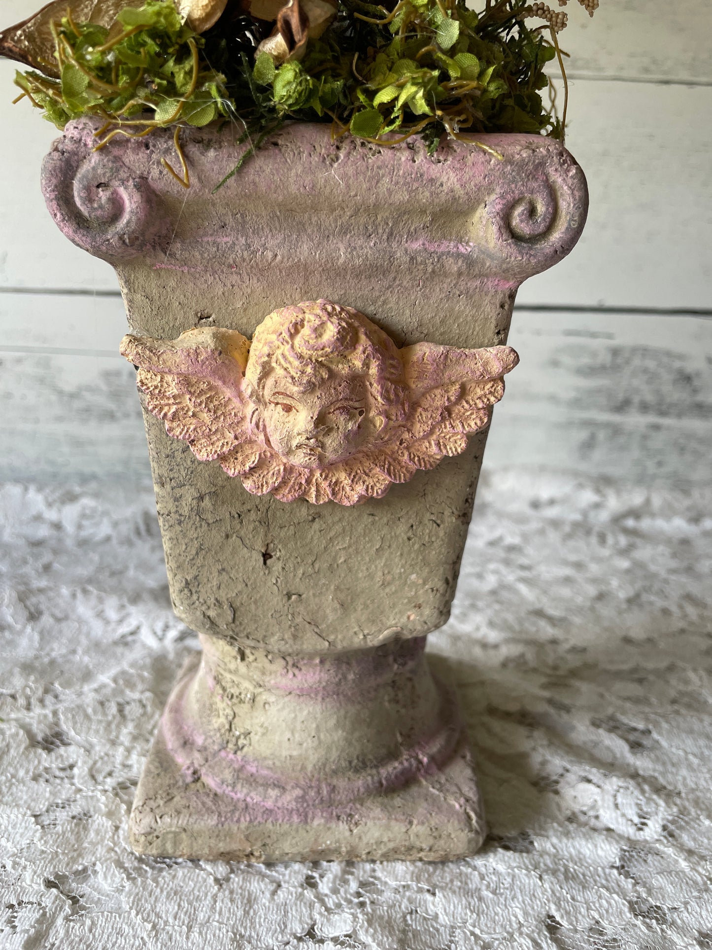 Rustic Twig Topiary in Cherub Pedestal Vase – Faux Floral Arrangement for French Country or Garden Decor
