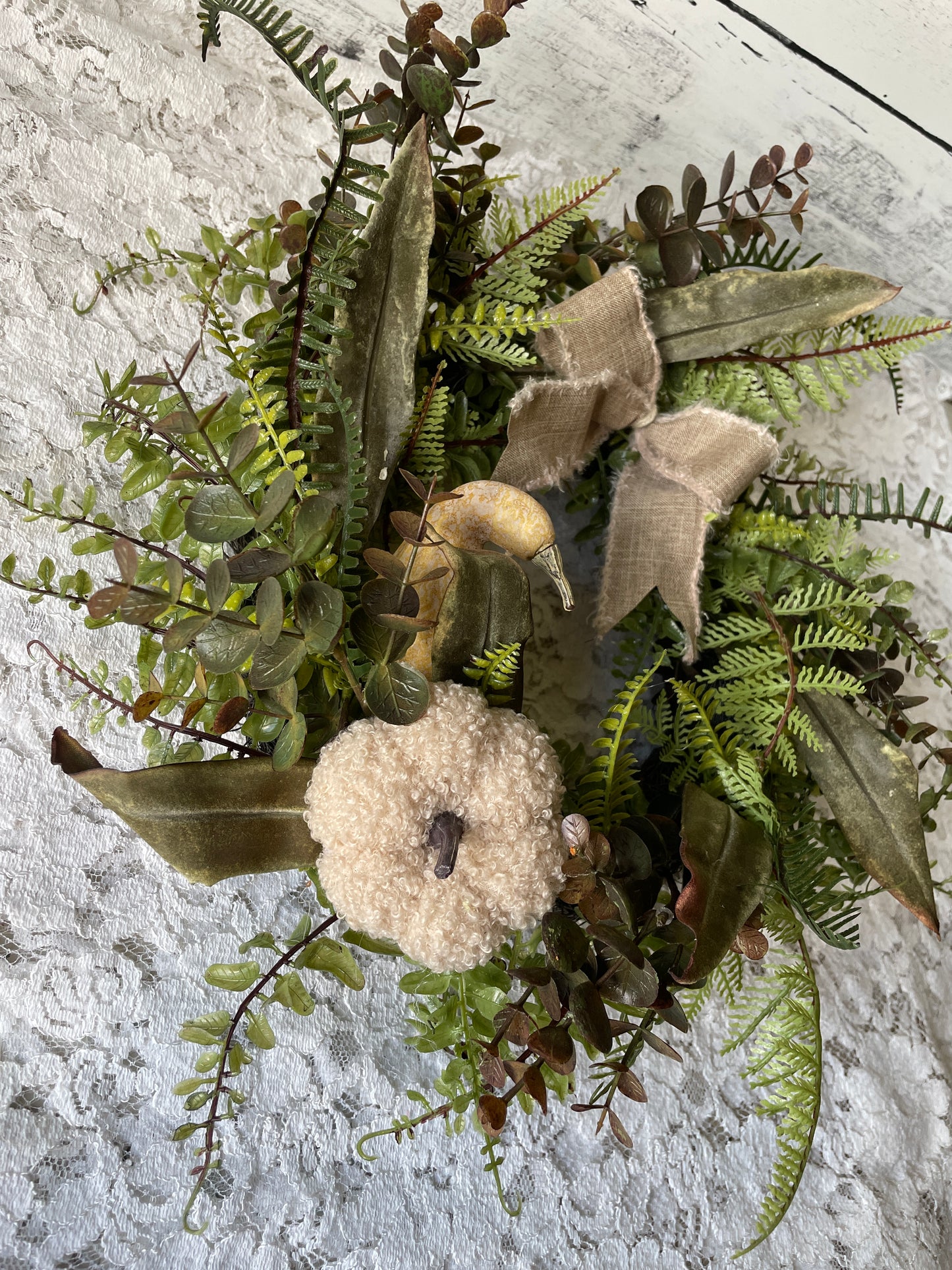 Neutral Fall Wreath with Faux Ferns, Pumpkins & Burlap Bow – Rustic Autumn Door Decor