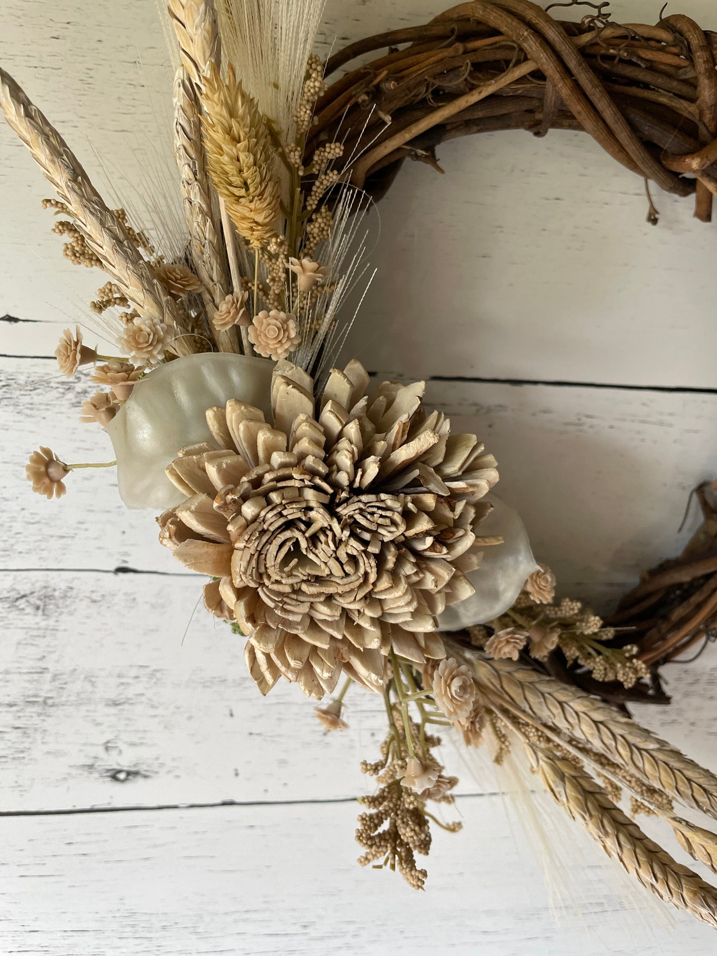 Neutral Dried Floral Grapevine Wreath with Wheat and Sola Flowers – Rustic Farmhouse Fall Decor