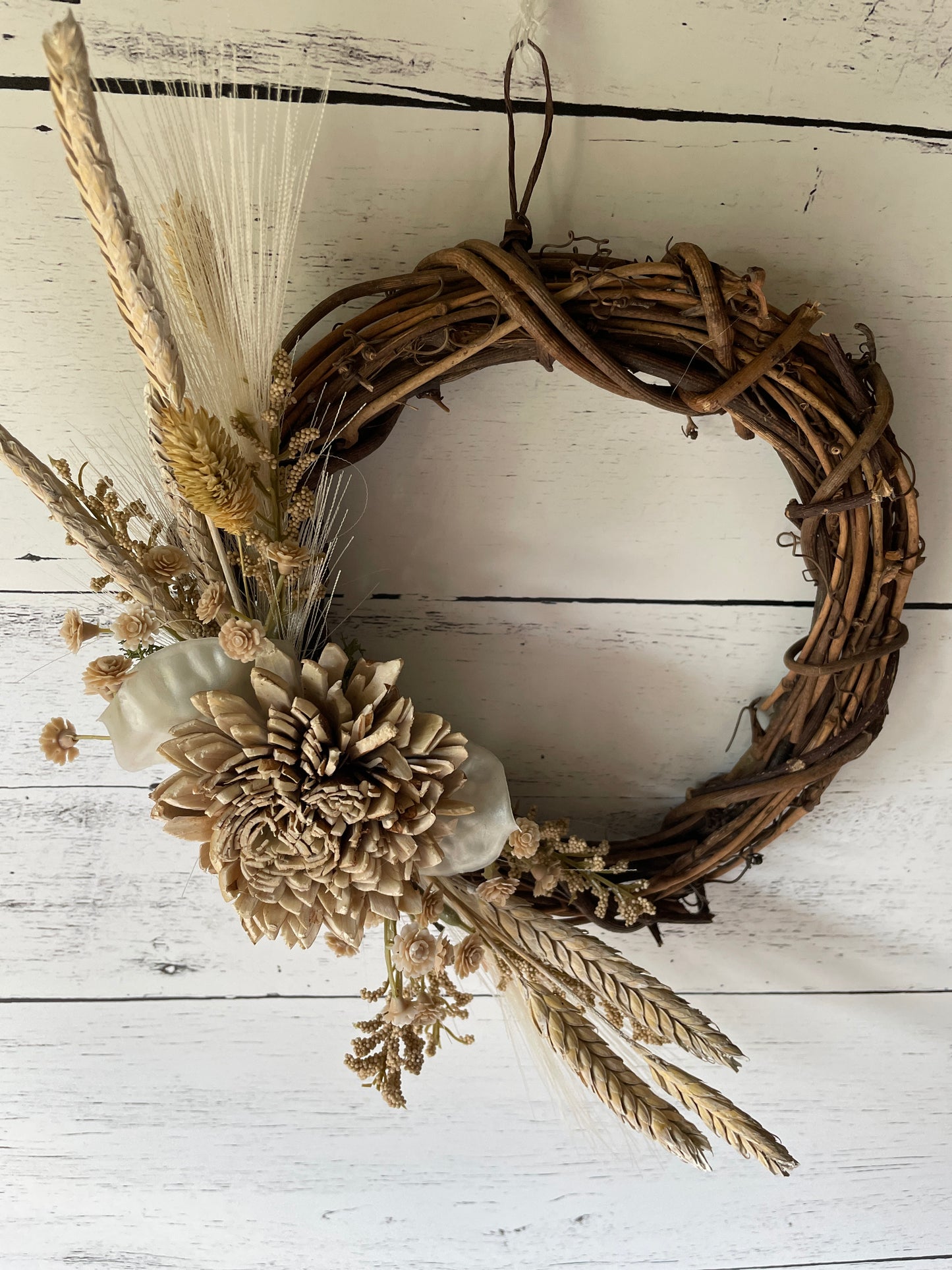 Neutral Dried Floral Grapevine Wreath with Wheat and Sola Flowers – Rustic Farmhouse Fall Decor