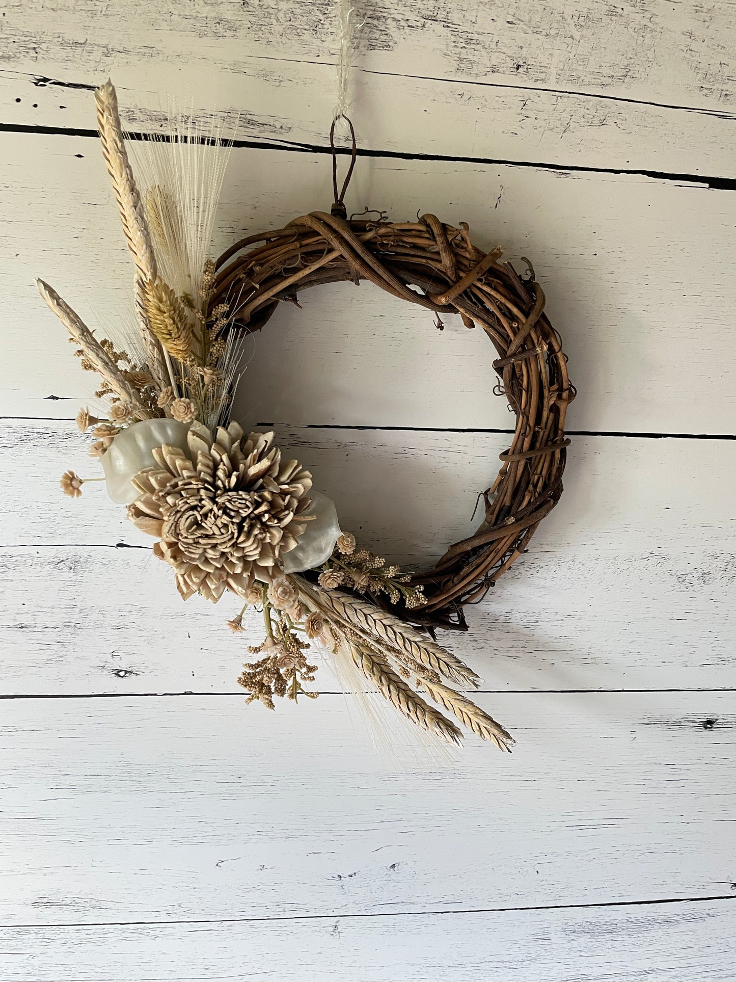 Neutral Dried Floral Grapevine Wreath with Wheat and Sola Flowers – Rustic Farmhouse Fall Decor