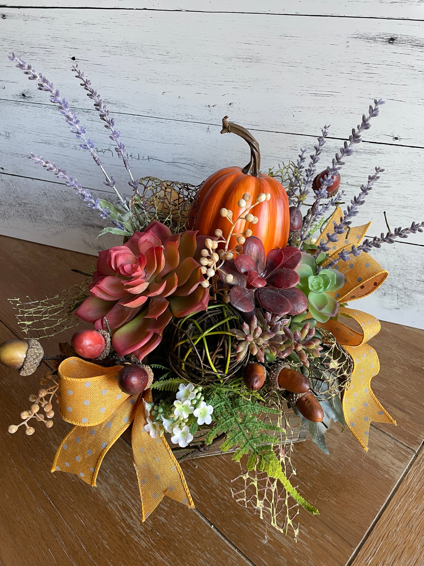 Pumpkin Fall silk arrangement with succulents