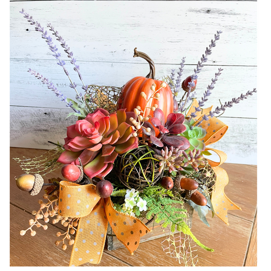 Pumpkin Fall silk arrangement with succulents