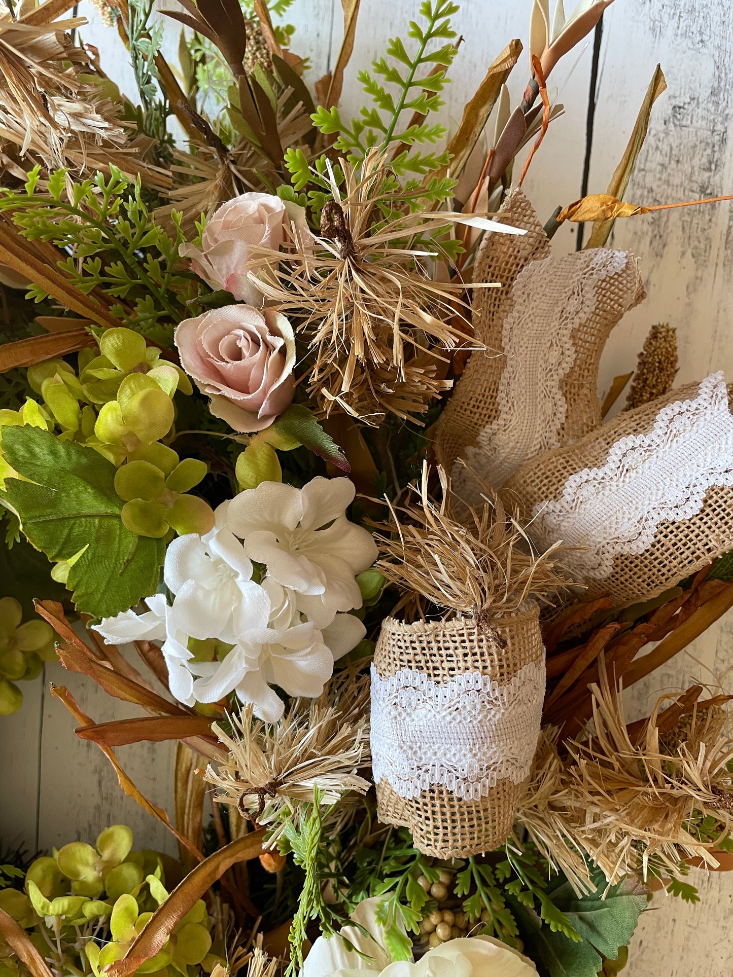 Romantic Countryside Garden Wreath with Cream Florals & Burlap Lace Ribbon