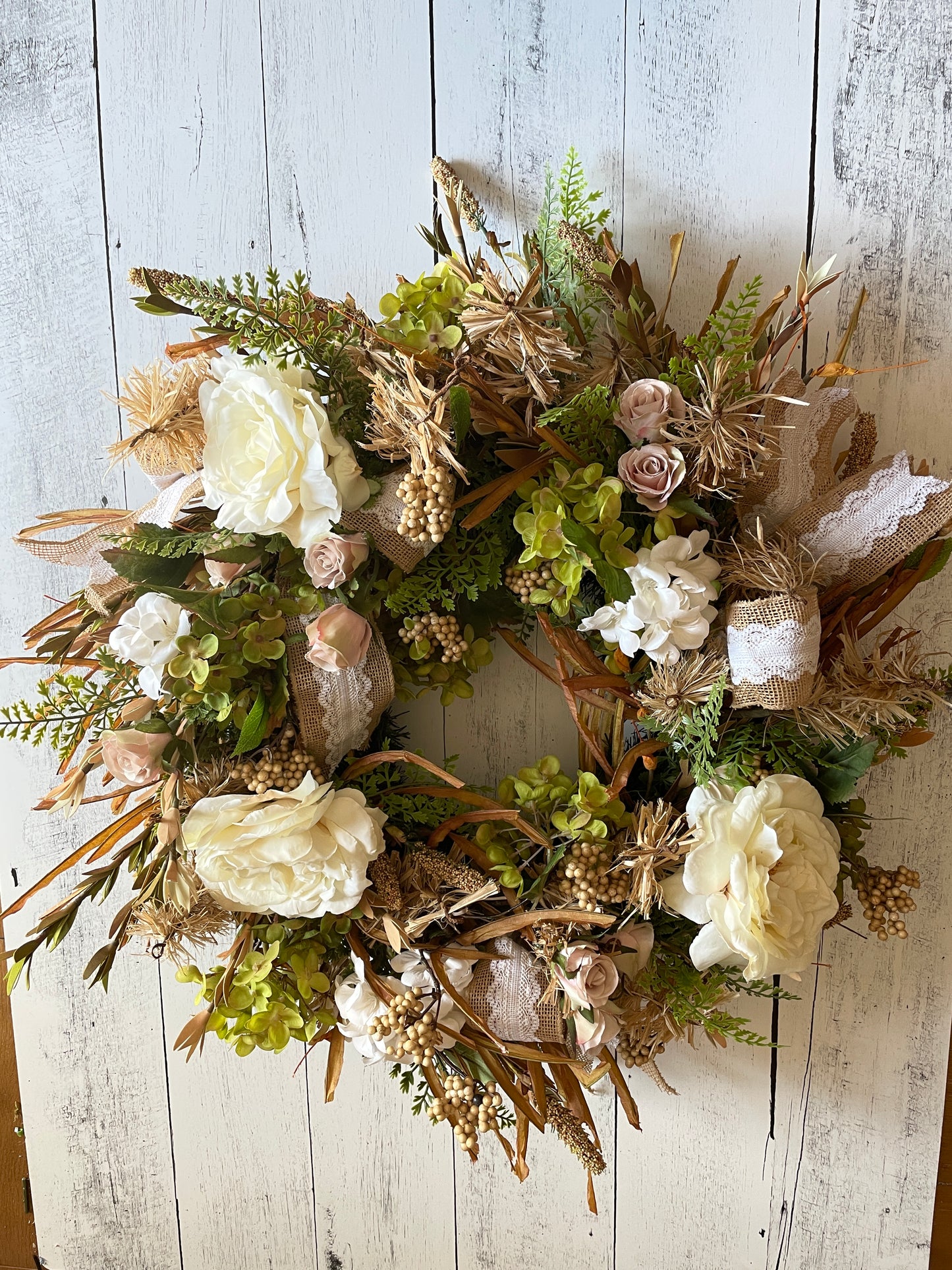 Romantic Countryside Garden Wreath with Cream Florals & Burlap Lace Ribbon