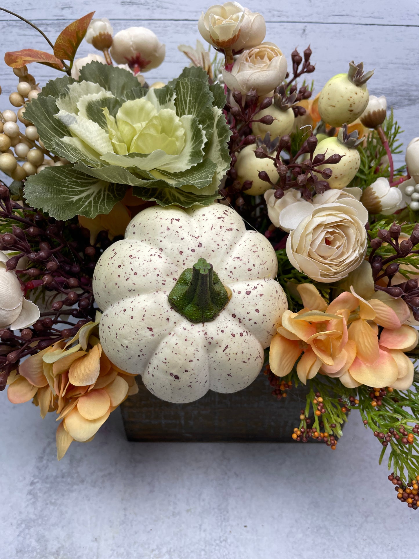 Neutral fall floral centerpiece, pumpkin and florals for autumn