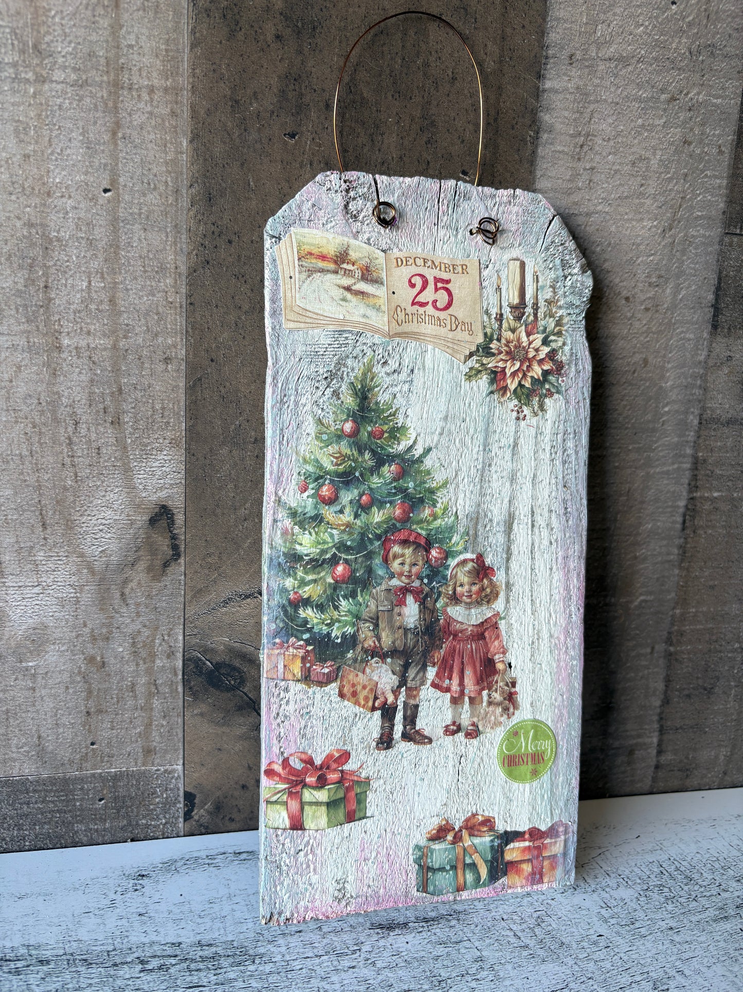 Vintage Christmas Wall Art | Upcycled Wooden Fence Piece with Decoupaged Holiday Scene