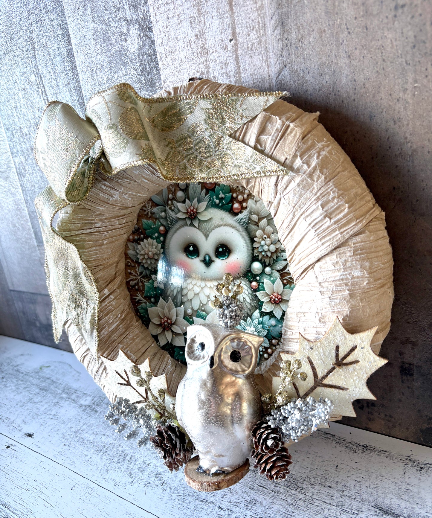 Winter Owl Cottage Wreath | Upcycled Vintage Ornament with Glam & Cottage Chic Style