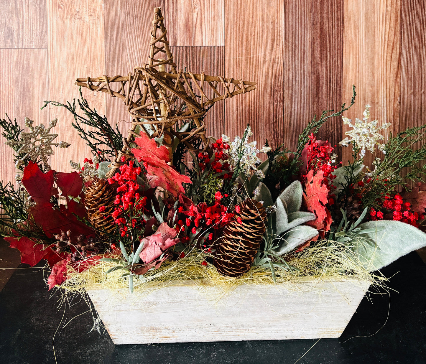 Preserved Woodland Star Holiday Arrangement – Rustic Botanical Christmas Centerpiece with Wood Star