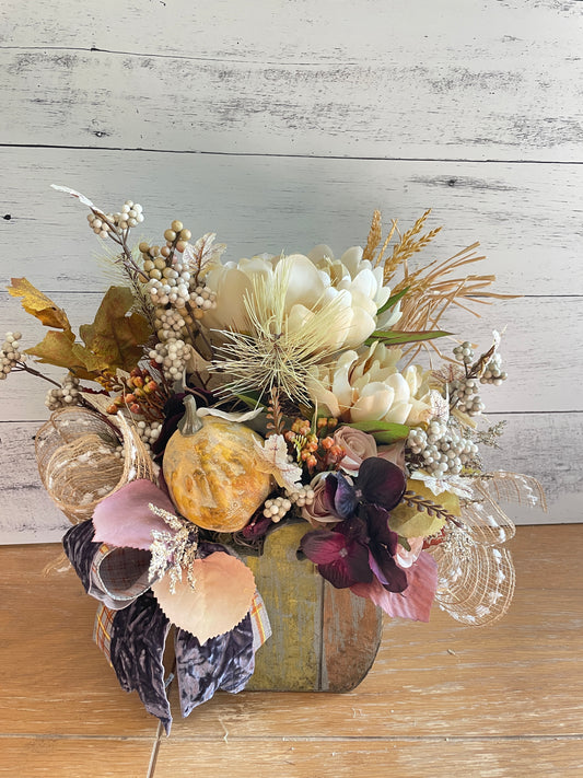 wooden pumpkin with silk florals design and pumpkins with velvet ribbon