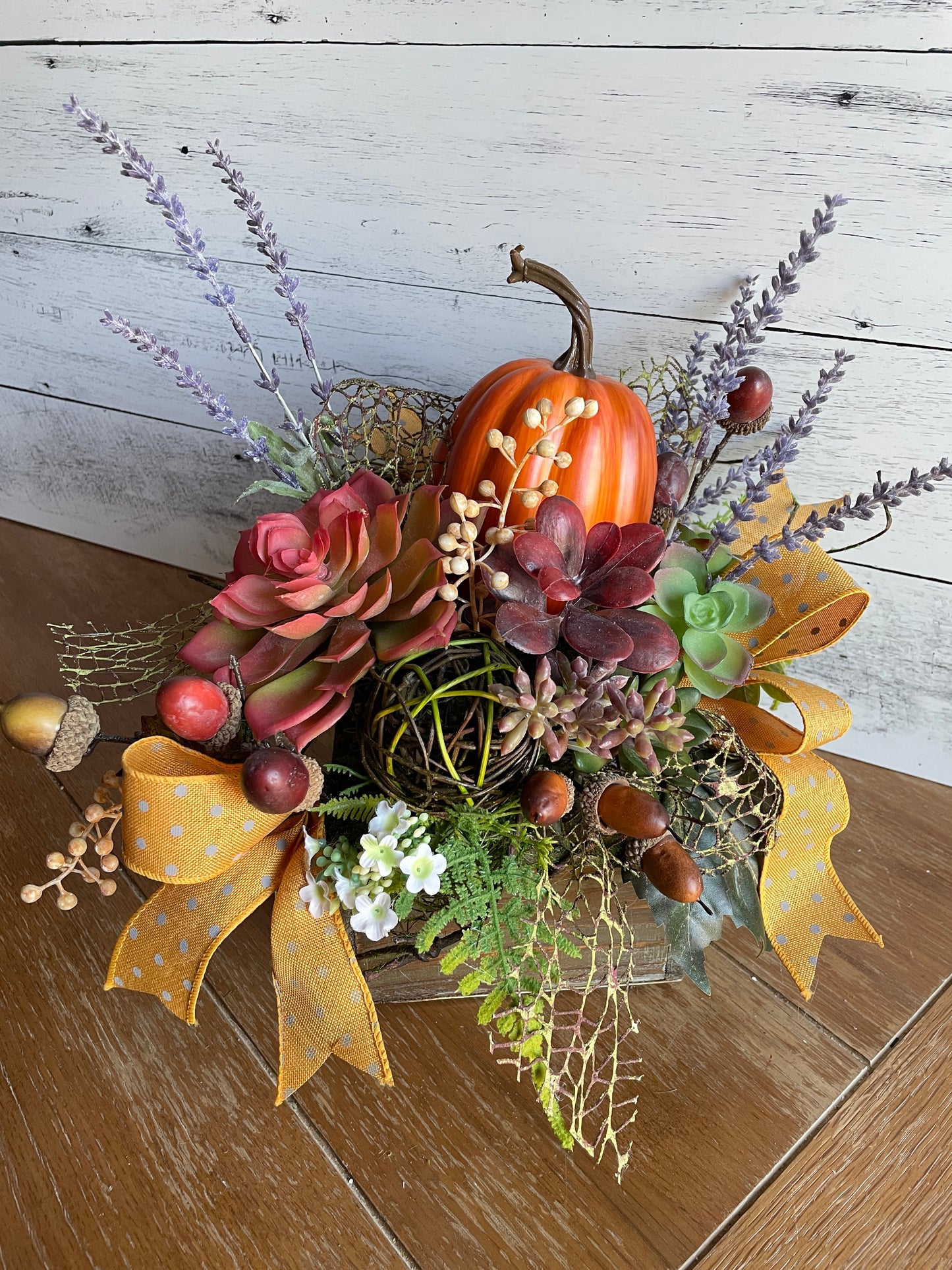 Pumpkin Fall silk arrangement with succulents