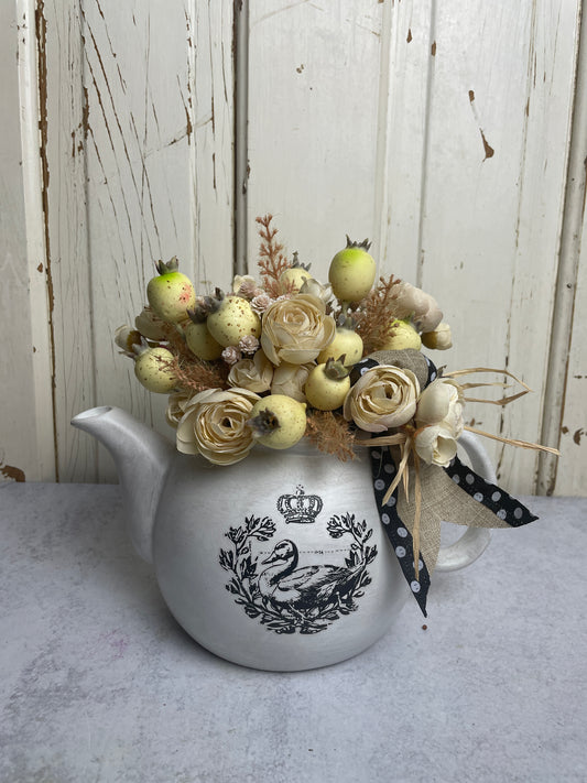 Cottagecore Teapot with florals and swan