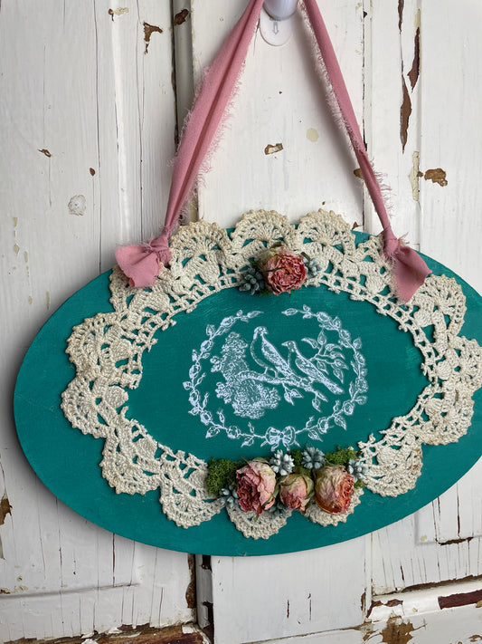 Vintage lace and dried floral wall hanging