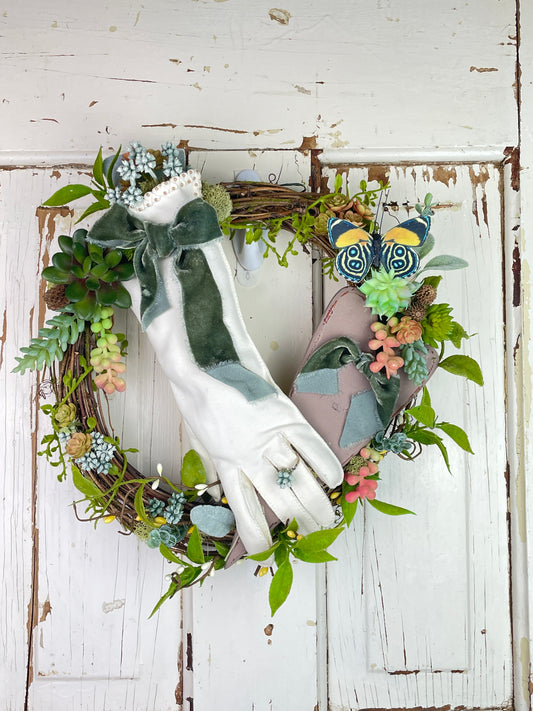 Vintage gloves garden wreath