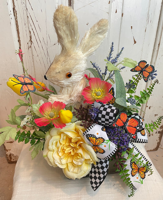 Bunny centerpiece with butterflies for spring and Easter decor 